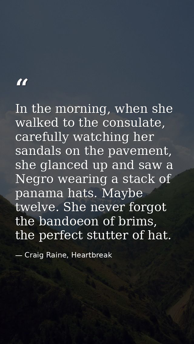 In the morning, when she walked to the consulate, carefully watching her sandals on the pavement, she glanced up and saw — Craig Raine, Heartbreak