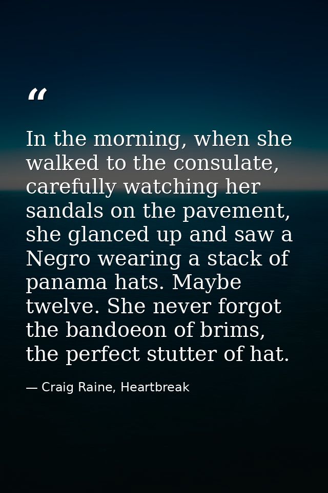 In the morning, when she walked to the consulate, carefully watching her sandals on the pavement, she glanced up and saw — Craig Raine, Heartbreak