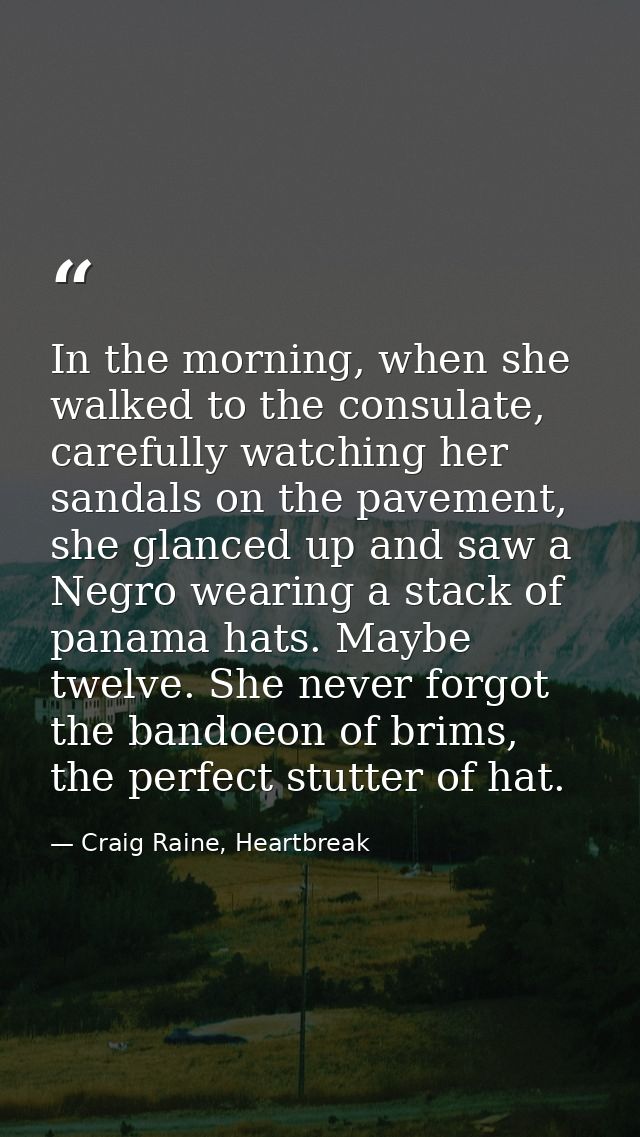 In the morning, when she walked to the consulate, carefully watching her sandals on the pavement, she glanced up and saw — Craig Raine, Heartbreak