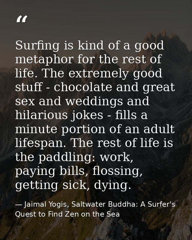 Surfing is kind of a good metaphor for the rest of life. The extremely good stuff - chocolate and great sex and weddings — Jaimal Yogis, Saltwater Buddha: A Surfer's Quest to Find Zen on the Sea