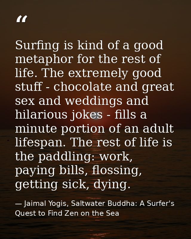 Surfing is kind of a good metaphor for the rest of life. The extremely good stuff - chocolate and great sex and weddings — Jaimal Yogis, Saltwater Buddha: A Surfer's Quest to Find Zen on the Sea