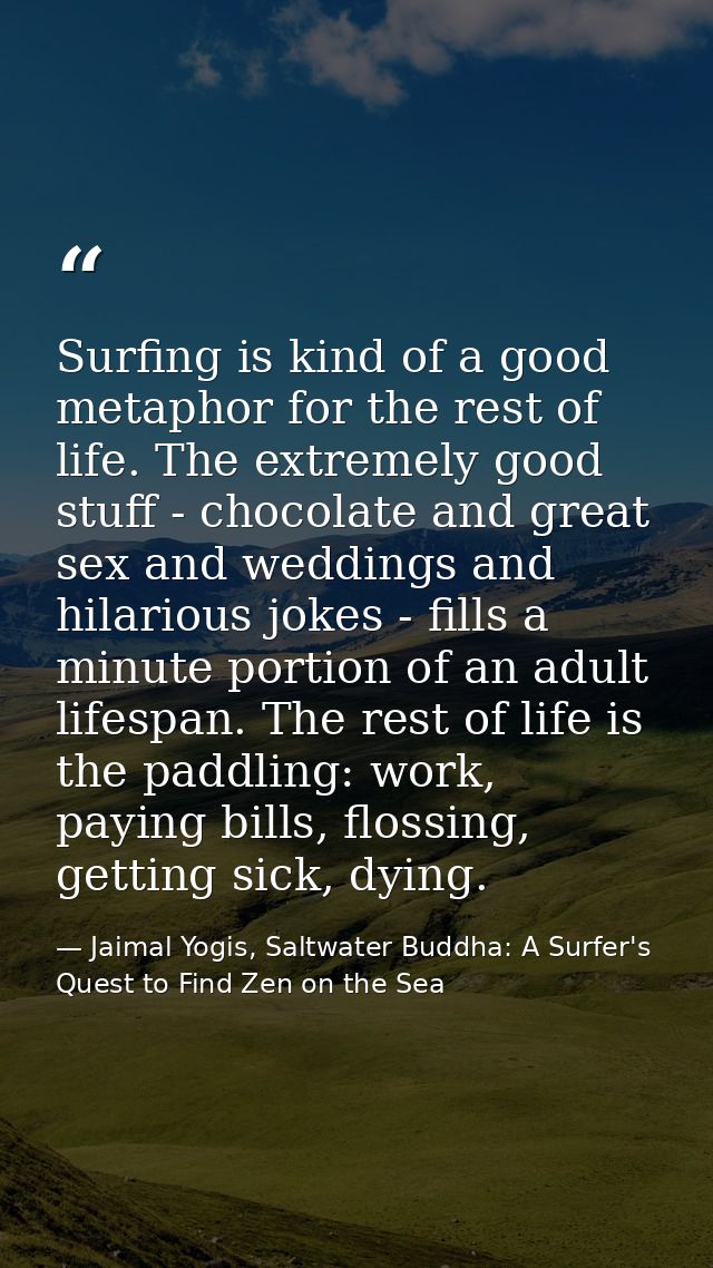 Surfing is kind of a good metaphor for the rest of life. The extremely good stuff - chocolate and great sex and weddings — Jaimal Yogis, Saltwater Buddha: A Surfer's Quest to Find Zen on the Sea
