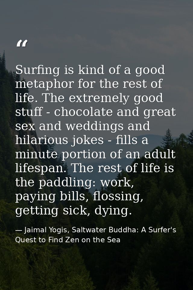 Surfing is kind of a good metaphor for the rest of life. The extremely good stuff - chocolate and great sex and weddings — Jaimal Yogis, Saltwater Buddha: A Surfer's Quest to Find Zen on the Sea