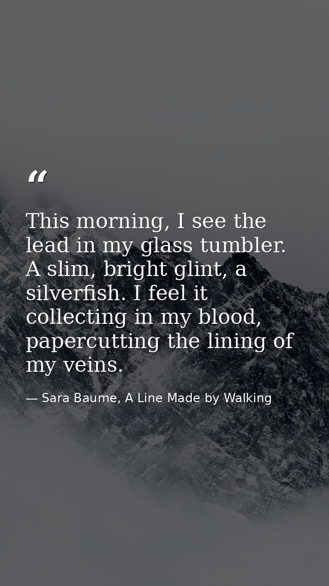 This morning, I see the lead in my glass tumbler. A slim, bright glint, a silverfish. I feel it collecting in my blood,  — Sara Baume, A Line Made by Walking