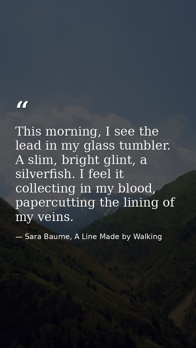 This morning, I see the lead in my glass tumbler. A slim, bright glint, a silverfish. I feel it collecting in my blood,  — Sara Baume, A Line Made by Walking