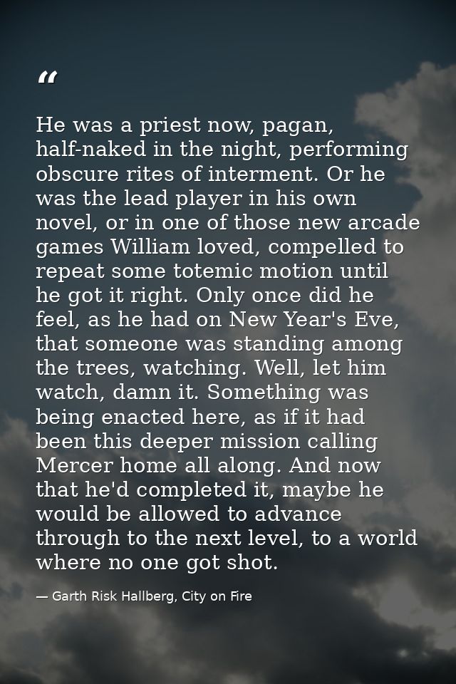 He was a priest now, pagan, half-naked in the night, performing obscure rites of interment. Or he was the lead player in — Garth Risk Hallberg, City on Fire