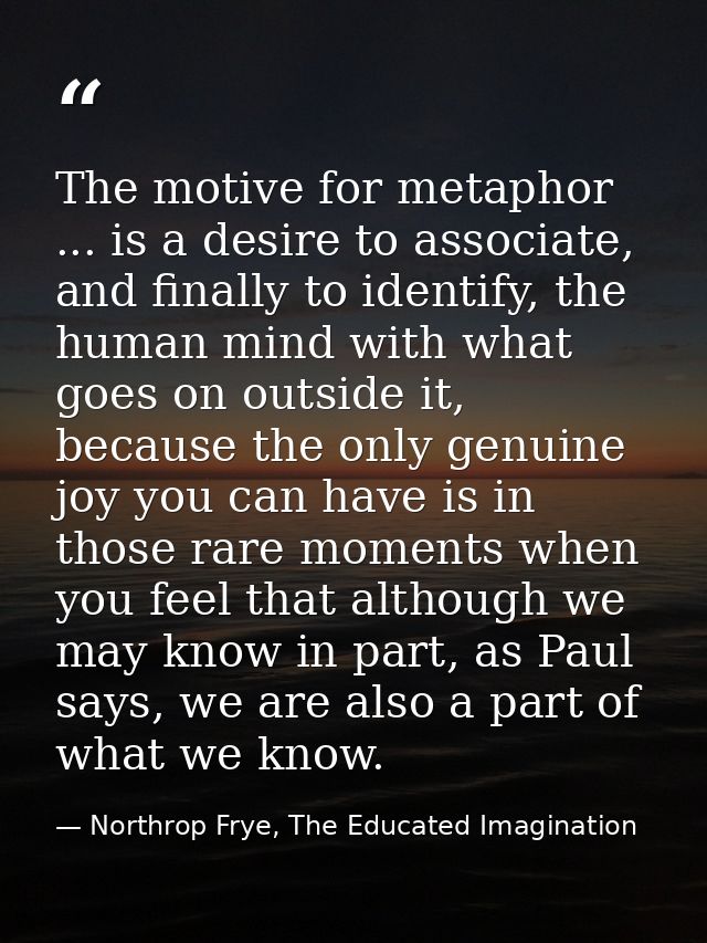 The motive for metaphor ... is a desire to associate, and finally to identify, the human mind with what goes on outside  — Northrop Frye, The Educated Imagination