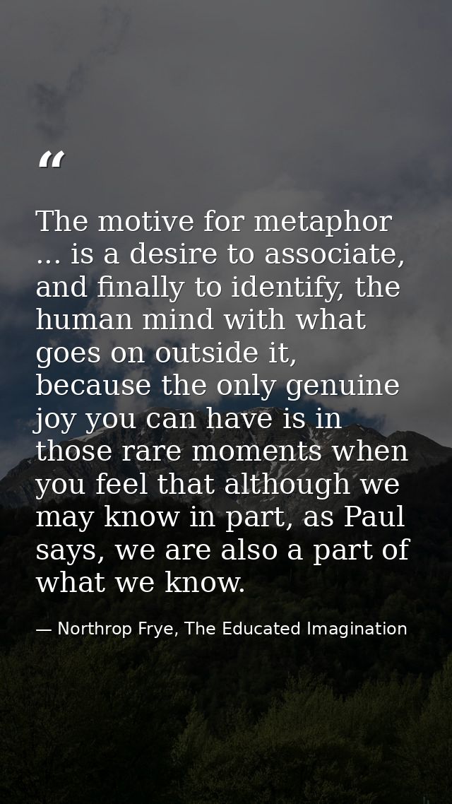 The motive for metaphor ... is a desire to associate, and finally to identify, the human mind with what goes on outside  — Northrop Frye, The Educated Imagination