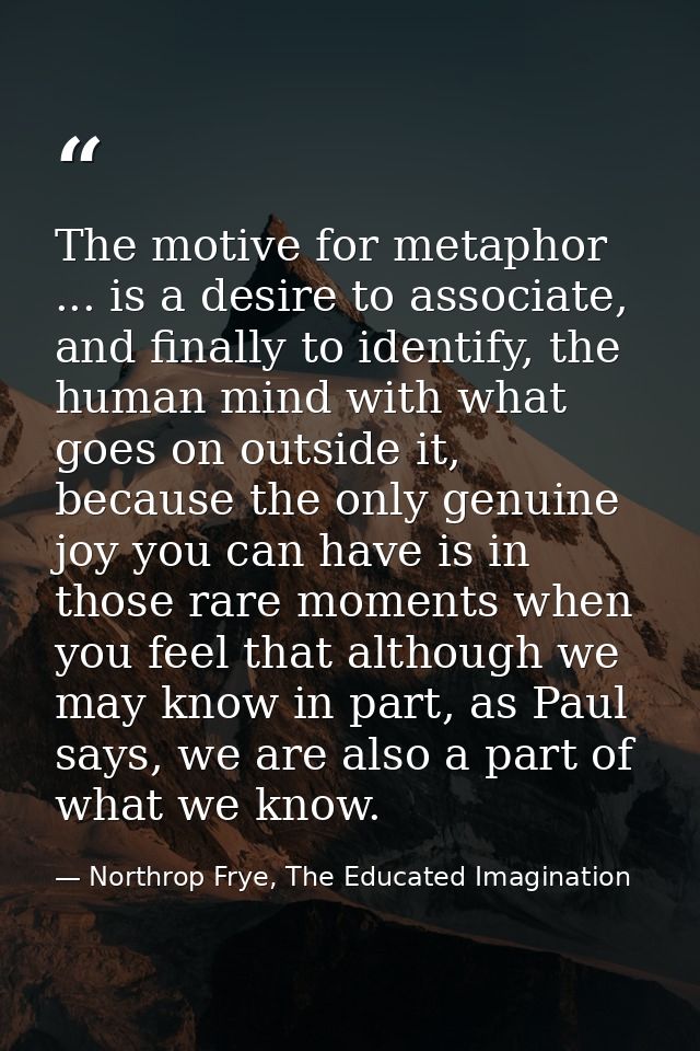The motive for metaphor ... is a desire to associate, and finally to identify, the human mind with what goes on outside  — Northrop Frye, The Educated Imagination