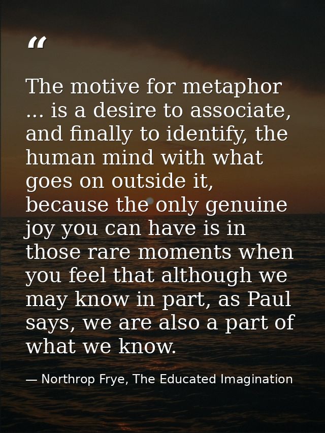 The motive for metaphor ... is a desire to associate, and finally to identify, the human mind with what goes on outside  — Northrop Frye, The Educated Imagination