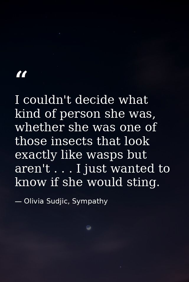 I couldn't decide what kind of person she was, whether she was one of those insects that look exactly like wasps but are — Olivia Sudjic, Sympathy