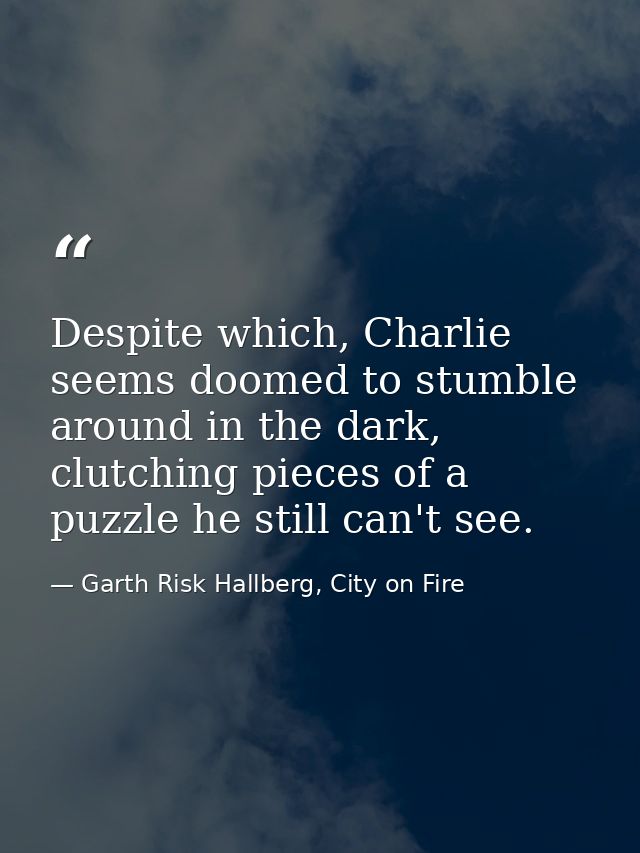 Despite which, Charlie seems doomed to stumble around in the dark, clutching pieces of a puzzle he still can't see. — Garth Risk Hallberg, City on Fire