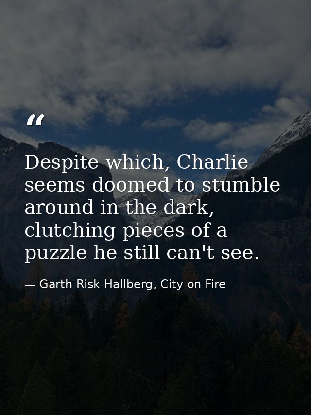Despite which, Charlie seems doomed to stumble around in the dark, clutching pieces of a puzzle he still can't see. — Garth Risk Hallberg, City on Fire