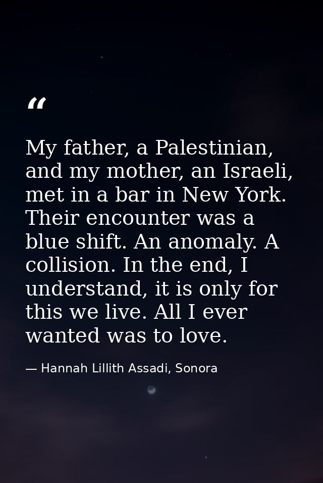 My father, a Palestinian, and my mother, an Israeli, met in a bar in New York. Their encounter was a blue shift. An anom — Hannah Lillith Assadi, Sonora