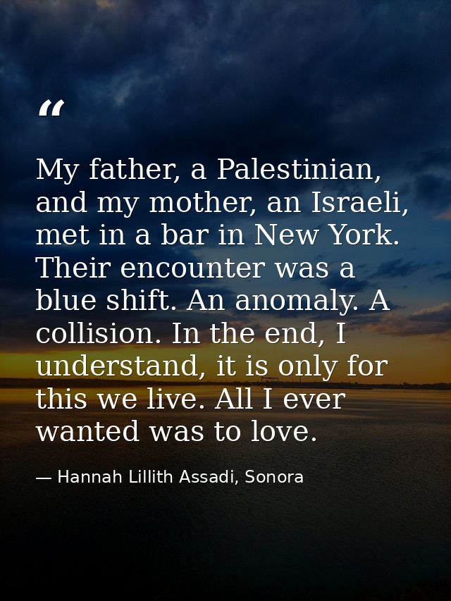 My father, a Palestinian, and my mother, an Israeli, met in a bar in New York. Their encounter was a blue shift. An anom — Hannah Lillith Assadi, Sonora