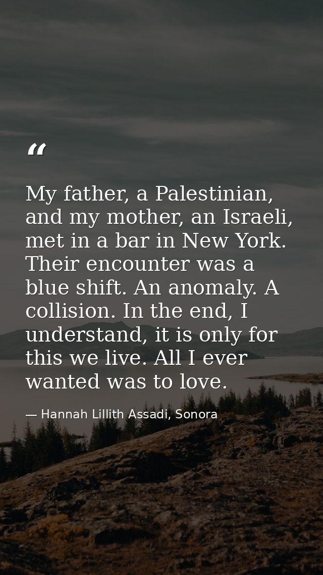 My father, a Palestinian, and my mother, an Israeli, met in a bar in New York. Their encounter was a blue shift. An anom — Hannah Lillith Assadi, Sonora