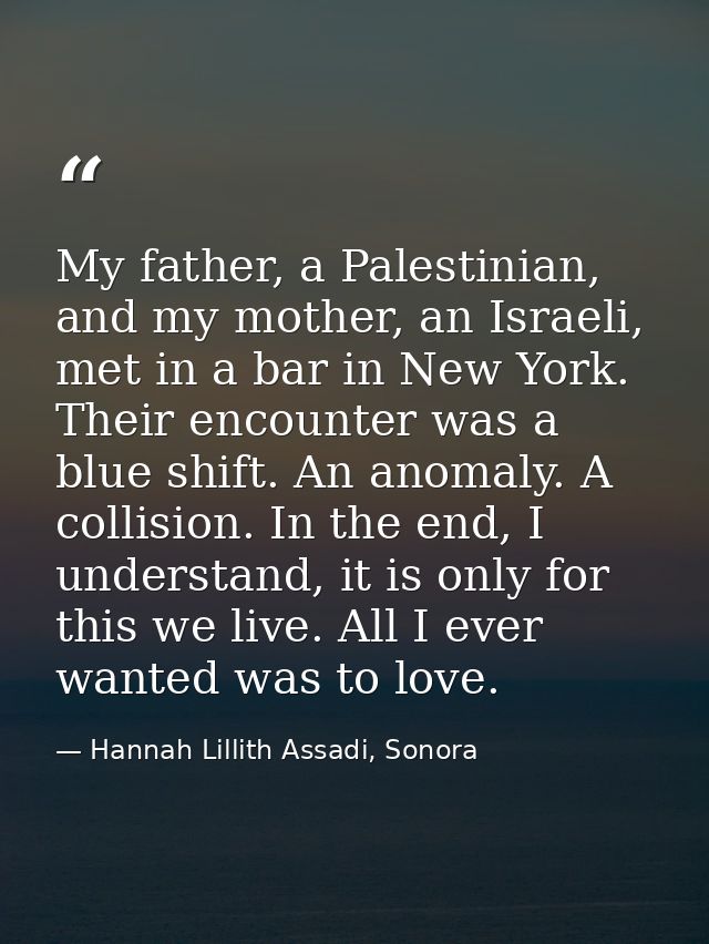 My father, a Palestinian, and my mother, an Israeli, met in a bar in New York. Their encounter was a blue shift. An anom — Hannah Lillith Assadi, Sonora