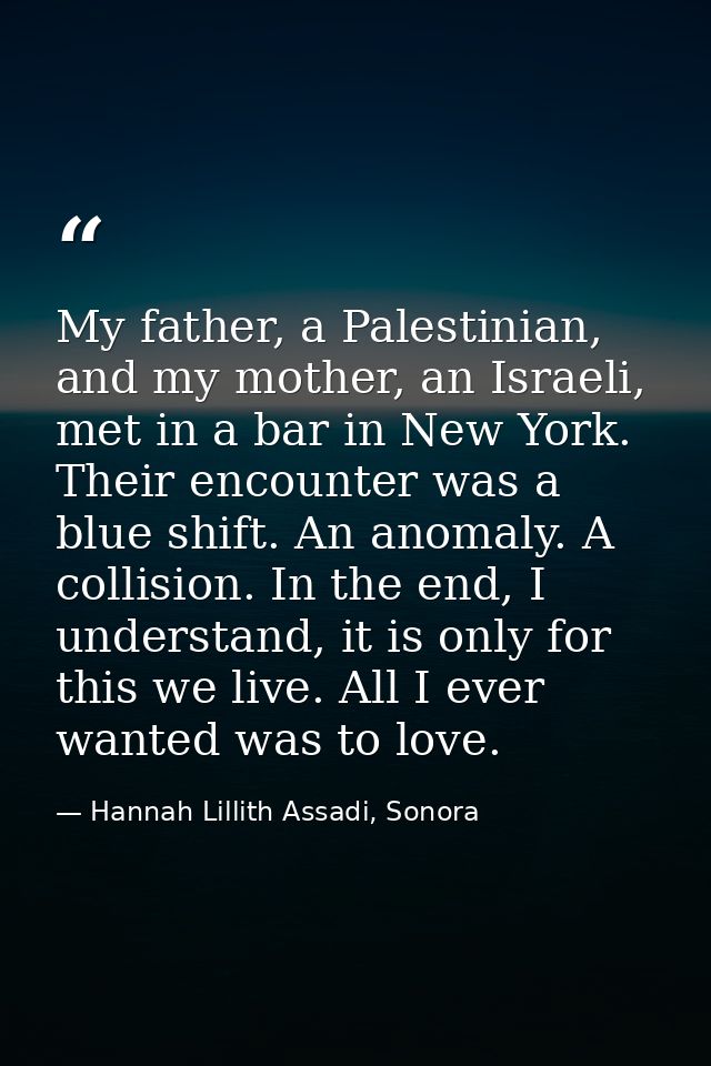 My father, a Palestinian, and my mother, an Israeli, met in a bar in New York. Their encounter was a blue shift. An anom — Hannah Lillith Assadi, Sonora