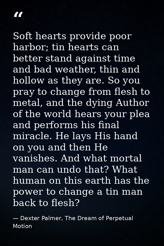 Soft hearts provide poor harbor; tin hearts can better stand against time and bad weather, thin and hollow as they are.  — Dexter Palmer, The Dream of Perpetual Motion