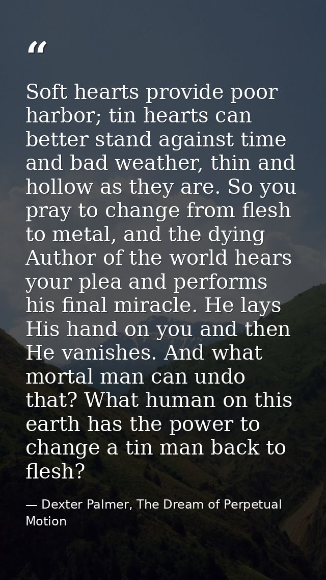 Soft hearts provide poor harbor; tin hearts can better stand against time and bad weather, thin and hollow as they are.  — Dexter Palmer, The Dream of Perpetual Motion
