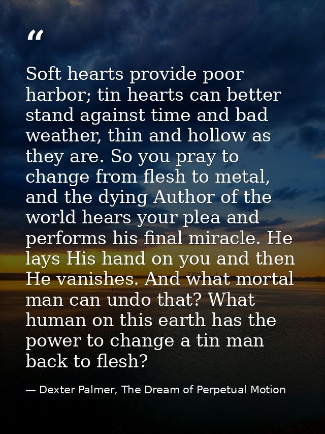 Soft hearts provide poor harbor; tin hearts can better stand against time and bad weather, thin and hollow as they are.  — Dexter Palmer, The Dream of Perpetual Motion