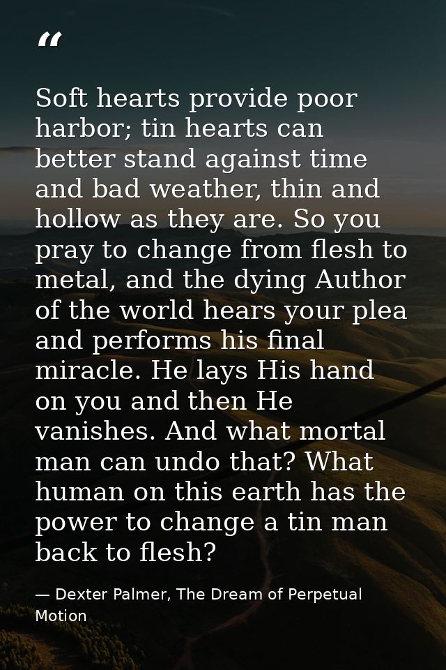 Soft hearts provide poor harbor; tin hearts can better stand against time and bad weather, thin and hollow as they are.  — Dexter Palmer, The Dream of Perpetual Motion