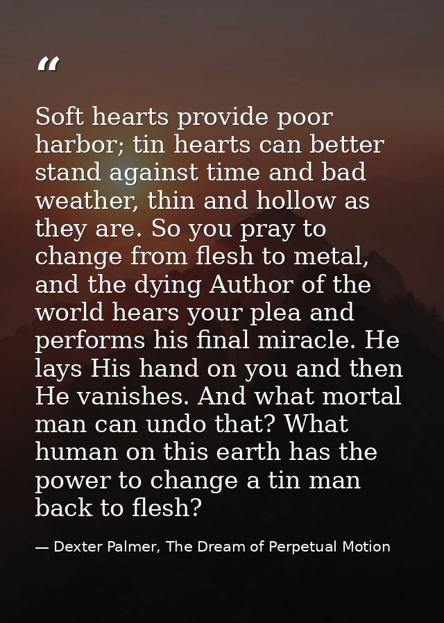 Soft hearts provide poor harbor; tin hearts can better stand against time and bad weather, thin and hollow as they are.  — Dexter Palmer, The Dream of Perpetual Motion