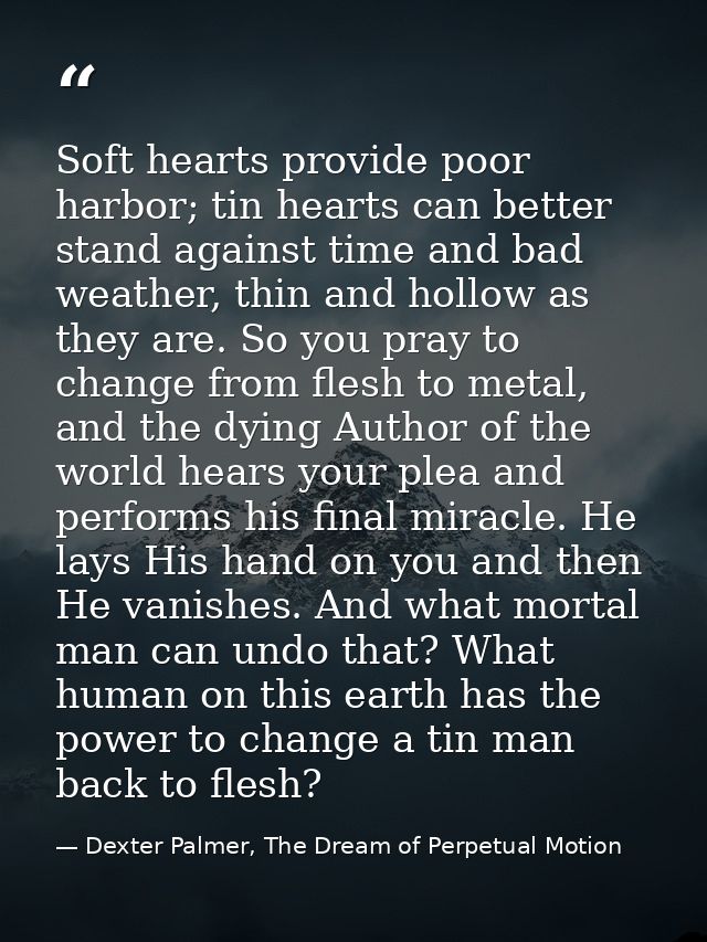 Soft hearts provide poor harbor; tin hearts can better stand against time and bad weather, thin and hollow as they are.  — Dexter Palmer, The Dream of Perpetual Motion