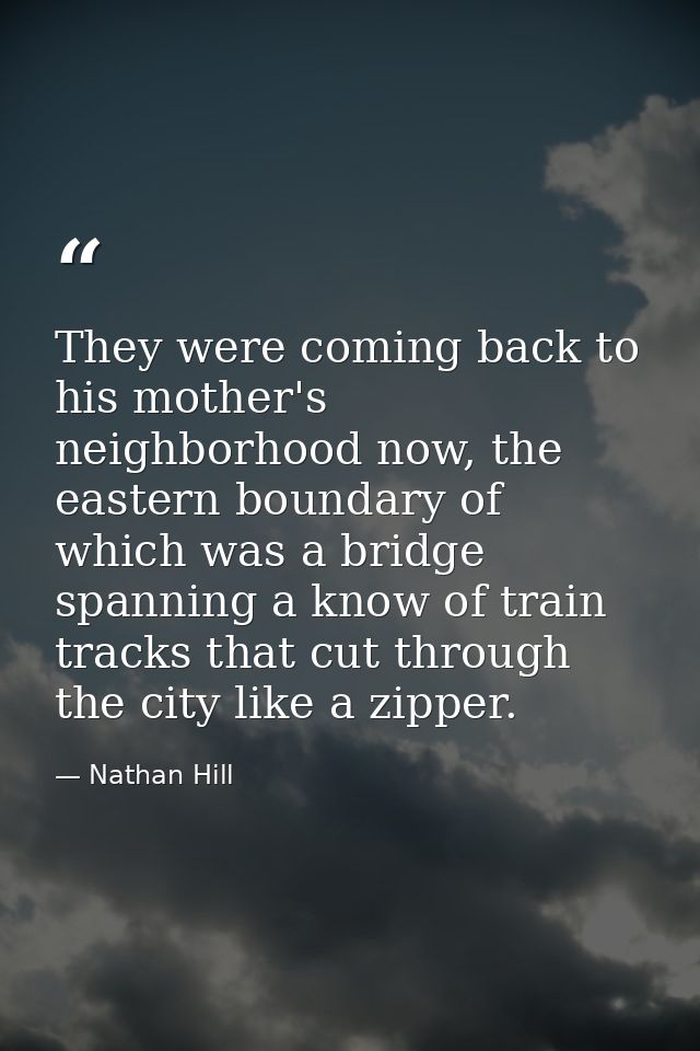 They were coming back to his mother's neighborhood now, the eastern boundary of which was a bridge spanning a know of tr — Nathan Hill