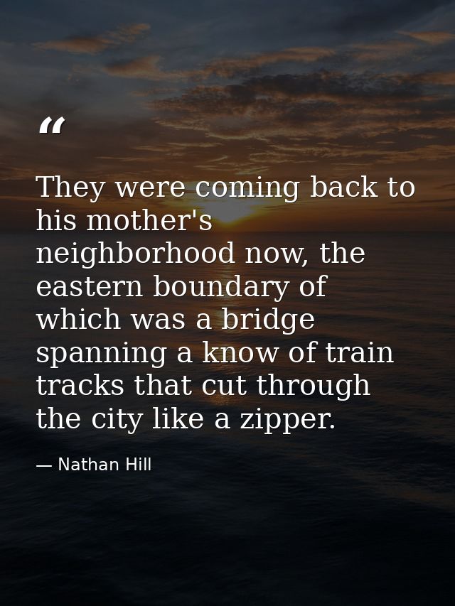 They were coming back to his mother's neighborhood now, the eastern boundary of which was a bridge spanning a know of tr — Nathan Hill