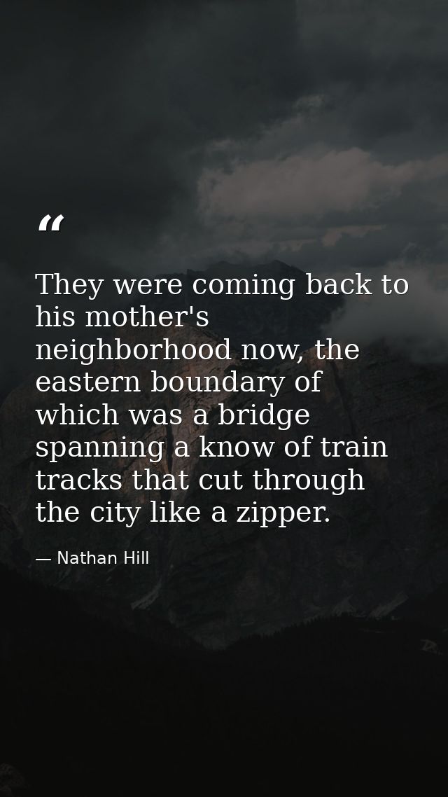 They were coming back to his mother's neighborhood now, the eastern boundary of which was a bridge spanning a know of tr — Nathan Hill