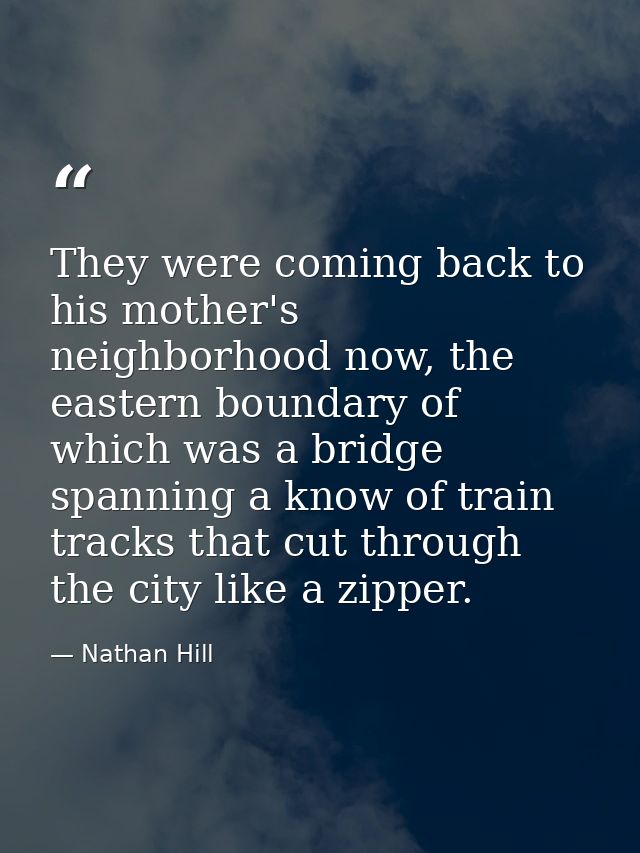 They were coming back to his mother's neighborhood now, the eastern boundary of which was a bridge spanning a know of tr — Nathan Hill