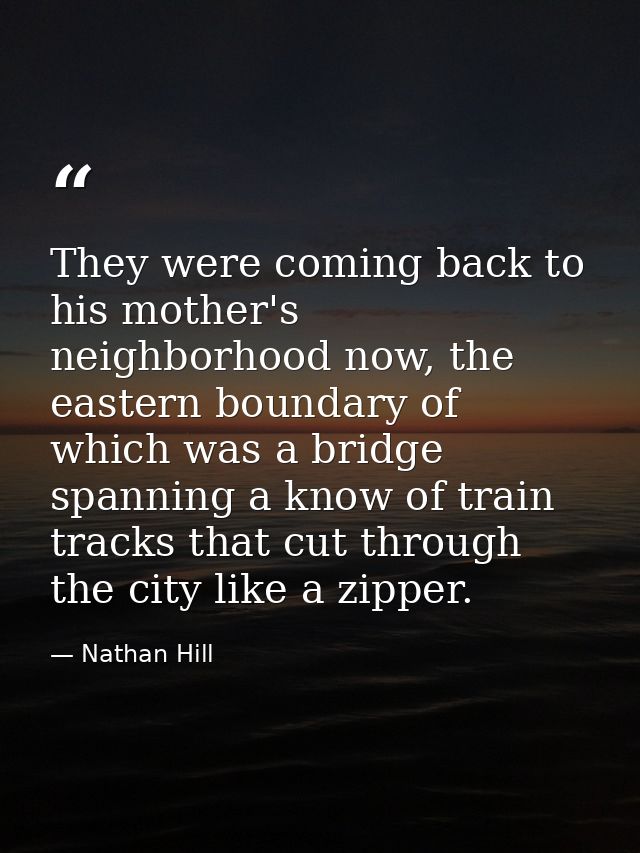 They were coming back to his mother's neighborhood now, the eastern boundary of which was a bridge spanning a know of tr — Nathan Hill