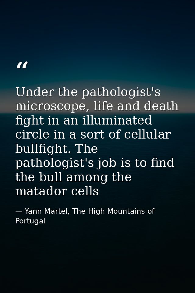 Under the pathologist's microscope, life and death fight in an illuminated circle in a sort of cellular bullfight. The p — Yann Martel, The High Mountains of Portugal