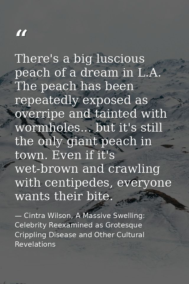There's a big luscious peach of a dream in L.A. The peach has been repeatedly exposed as overripe and tainted with wormh — Cintra Wilson, A Massive Swelling: Celebrity Reexamined as Grotesque Crippling Disease and Other Cultural Revelations