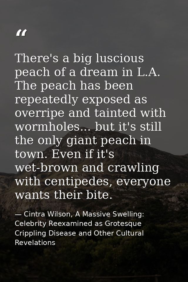 There's a big luscious peach of a dream in L.A. The peach has been repeatedly exposed as overripe and tainted with wormh — Cintra Wilson, A Massive Swelling: Celebrity Reexamined as Grotesque Crippling Disease and Other Cultural Revelations