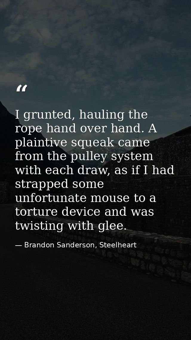 I grunted, hauling the rope hand over hand. A plaintive squeak came from the pulley system with each draw, as if I had s — Brandon Sanderson, Steelheart