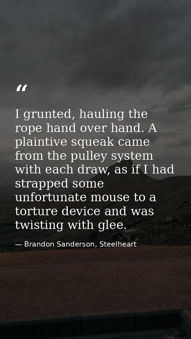 I grunted, hauling the rope hand over hand. A plaintive squeak came from the pulley system with each draw, as if I had s — Brandon Sanderson, Steelheart