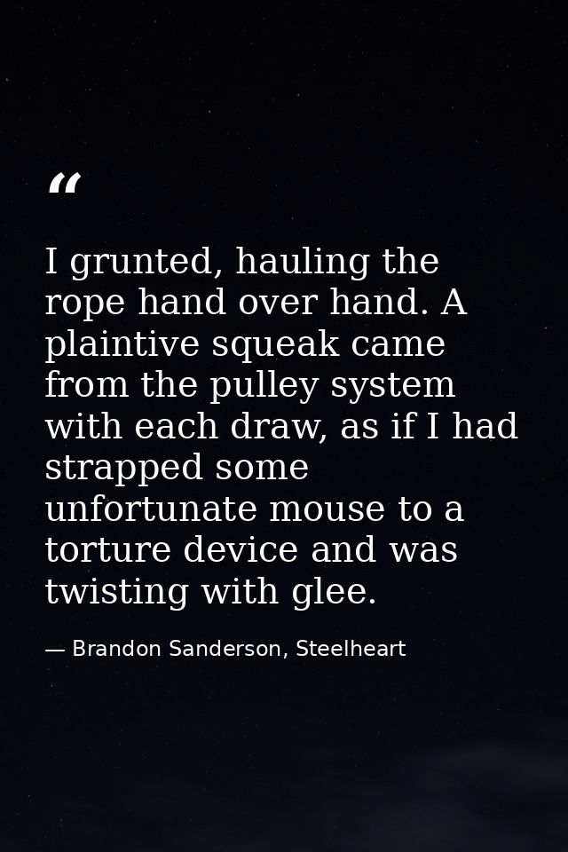 I grunted, hauling the rope hand over hand. A plaintive squeak came from the pulley system with each draw, as if I had s — Brandon Sanderson, Steelheart
