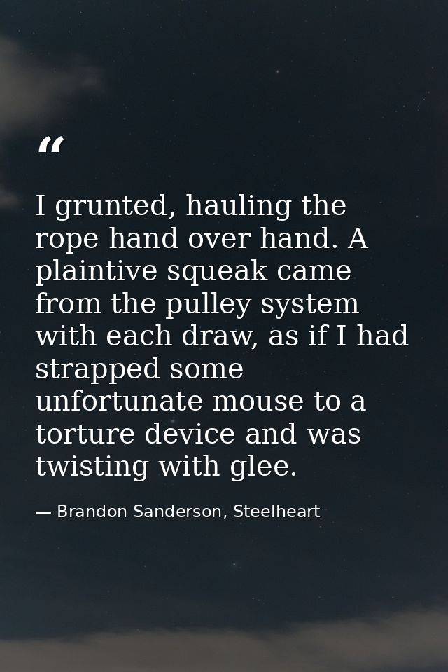 I grunted, hauling the rope hand over hand. A plaintive squeak came from the pulley system with each draw, as if I had s — Brandon Sanderson, Steelheart
