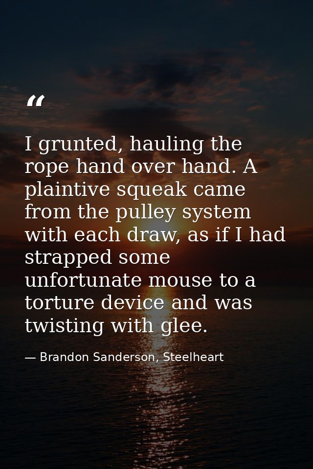 I grunted, hauling the rope hand over hand. A plaintive squeak came from the pulley system with each draw, as if I had s — Brandon Sanderson, Steelheart