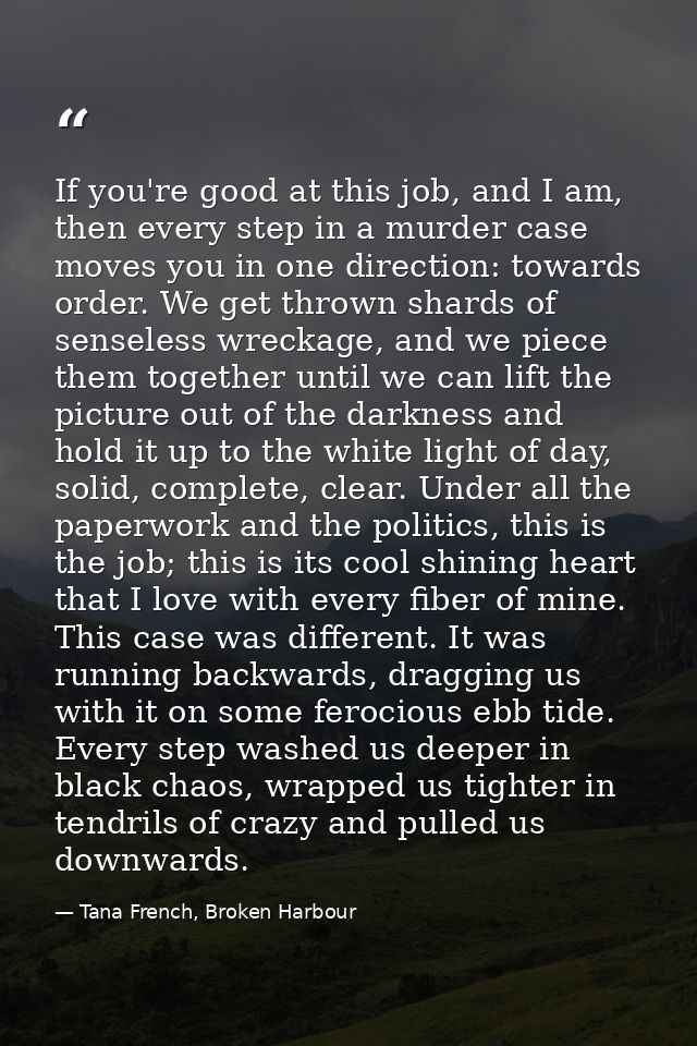 If you're good at this job, and I am, then every step in a murder case moves you in one direction: towards order. We get — Tana French, Broken Harbour