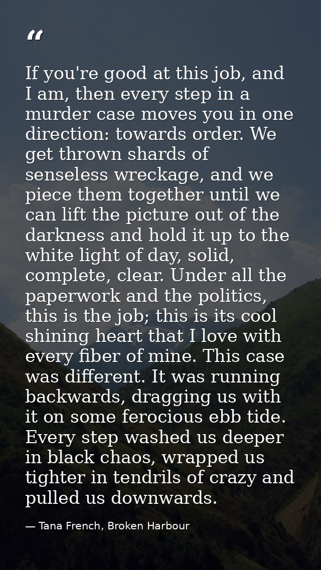 If you're good at this job, and I am, then every step in a murder case moves you in one direction: towards order. We get — Tana French, Broken Harbour