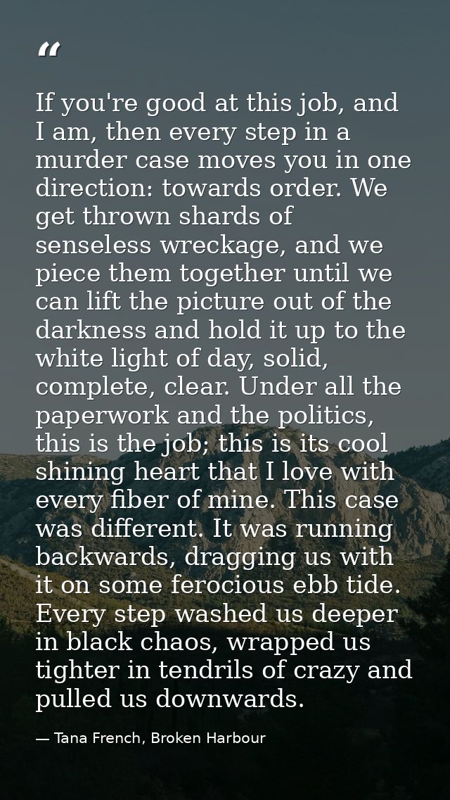 If you're good at this job, and I am, then every step in a murder case moves you in one direction: towards order. We get — Tana French, Broken Harbour