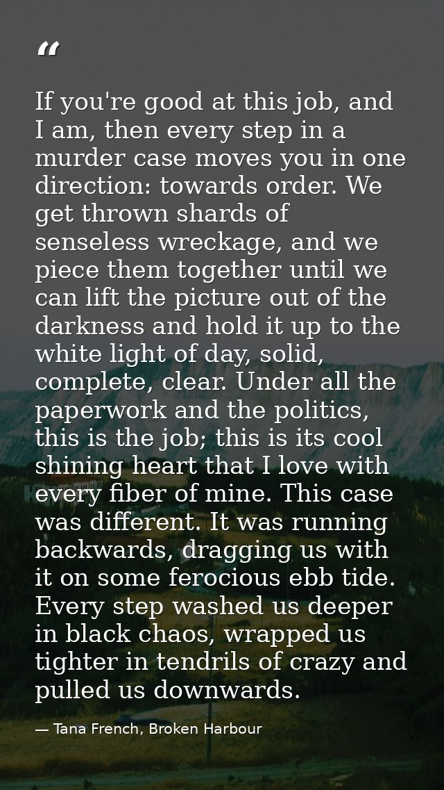 If you're good at this job, and I am, then every step in a murder case moves you in one direction: towards order. We get — Tana French, Broken Harbour