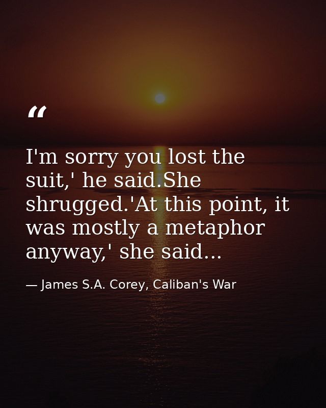 I'm sorry you lost the suit,' he said.She shrugged.'At this point, it was mostly a metaphor anyway,' she said... — James S.A. Corey, Caliban's War