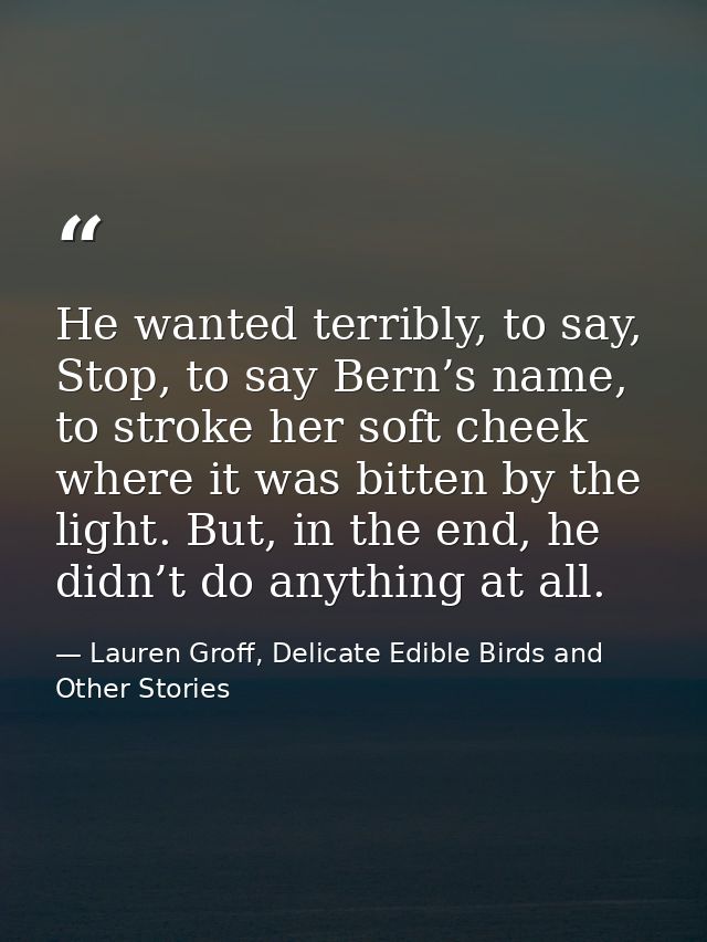 He wanted terribly, to say, Stop, to say Bern’s name, to stroke her soft cheek where it was bitten by the light. But, in — Lauren Groff, Delicate Edible Birds and Other Stories