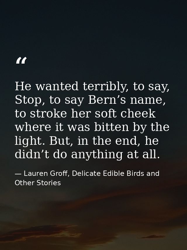 He wanted terribly, to say, Stop, to say Bern’s name, to stroke her soft cheek where it was bitten by the light. But, in — Lauren Groff, Delicate Edible Birds and Other Stories