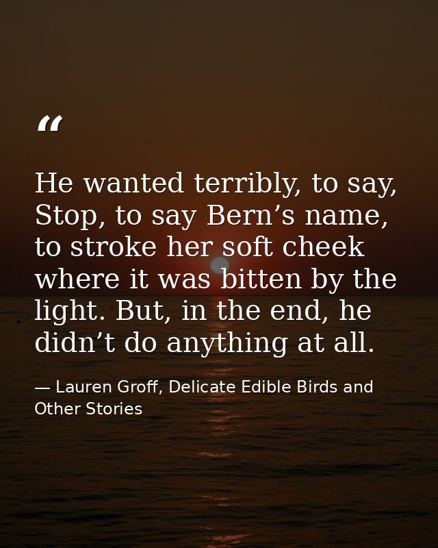 He wanted terribly, to say, Stop, to say Bern’s name, to stroke her soft cheek where it was bitten by the light. But, in — Lauren Groff, Delicate Edible Birds and Other Stories
