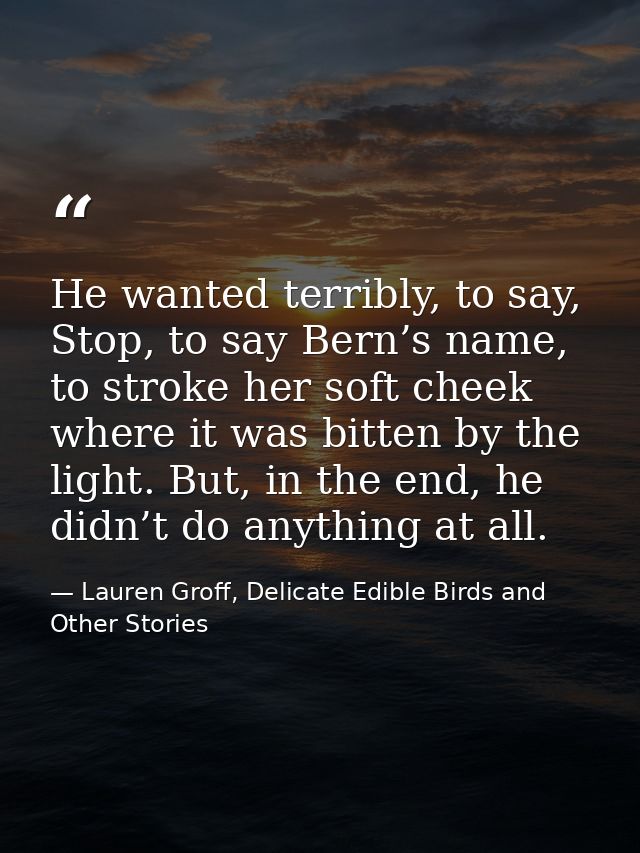 He wanted terribly, to say, Stop, to say Bern’s name, to stroke her soft cheek where it was bitten by the light. But, in — Lauren Groff, Delicate Edible Birds and Other Stories